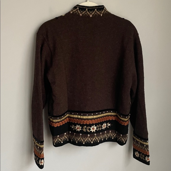 Orvis Scandinavian Embellished Brown Wool Full Zip Sweater Jacket Size Small - Picture 2 of 8